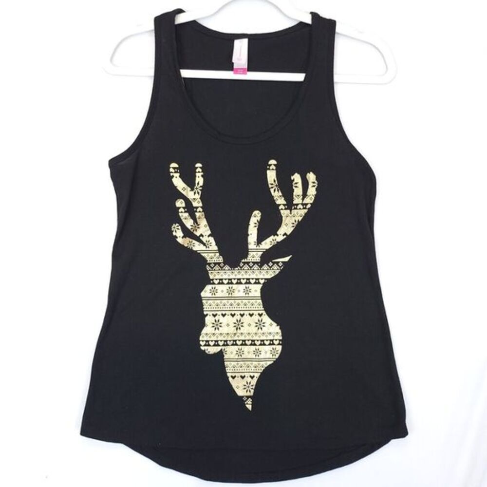 No Boundaries Tank Top S Black Gold Reindeer Graphic Holiday Sleeveless Party
